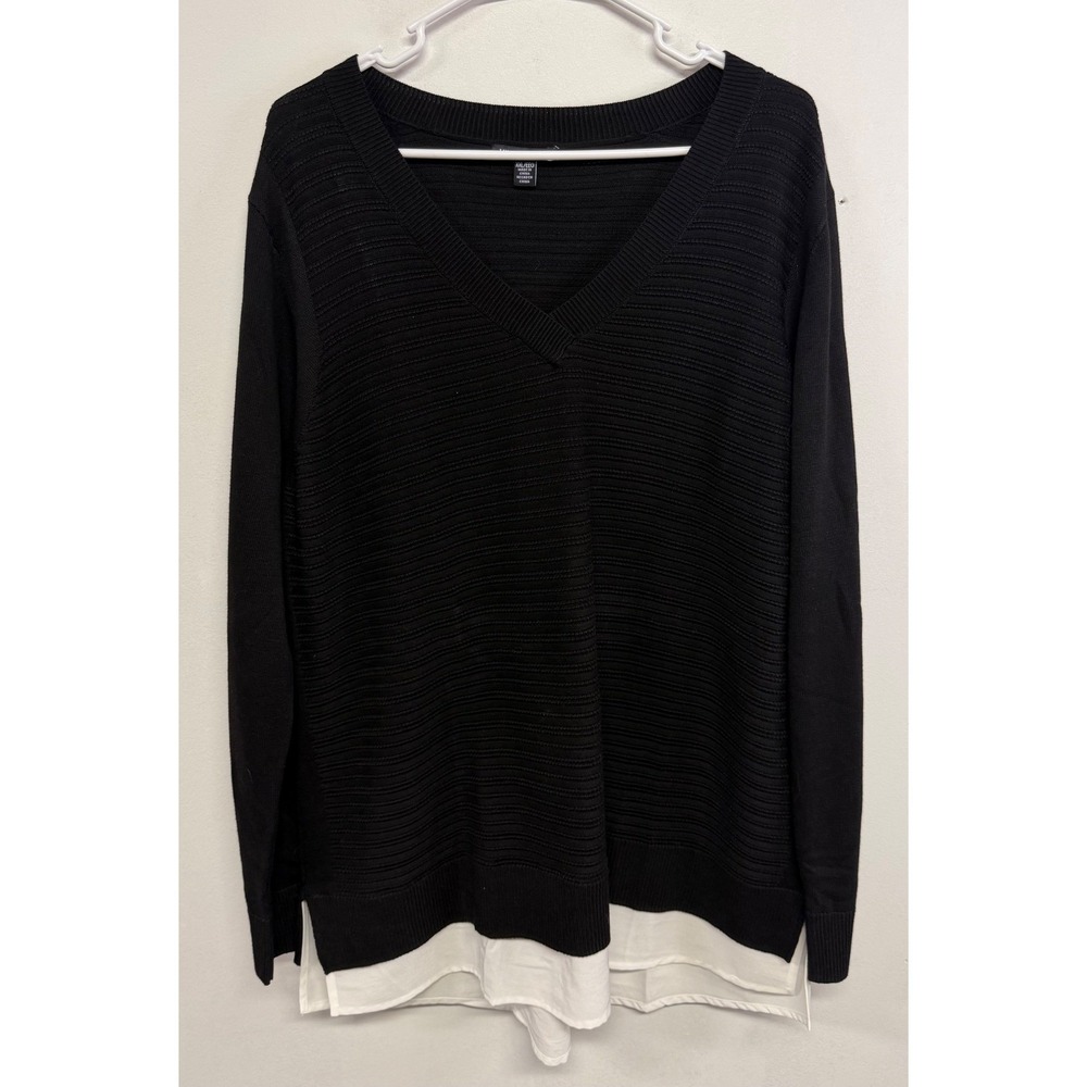 Hilary Radley Black V-Neck Layered Look Sweater XXL Ribbed Knit Top White Trim